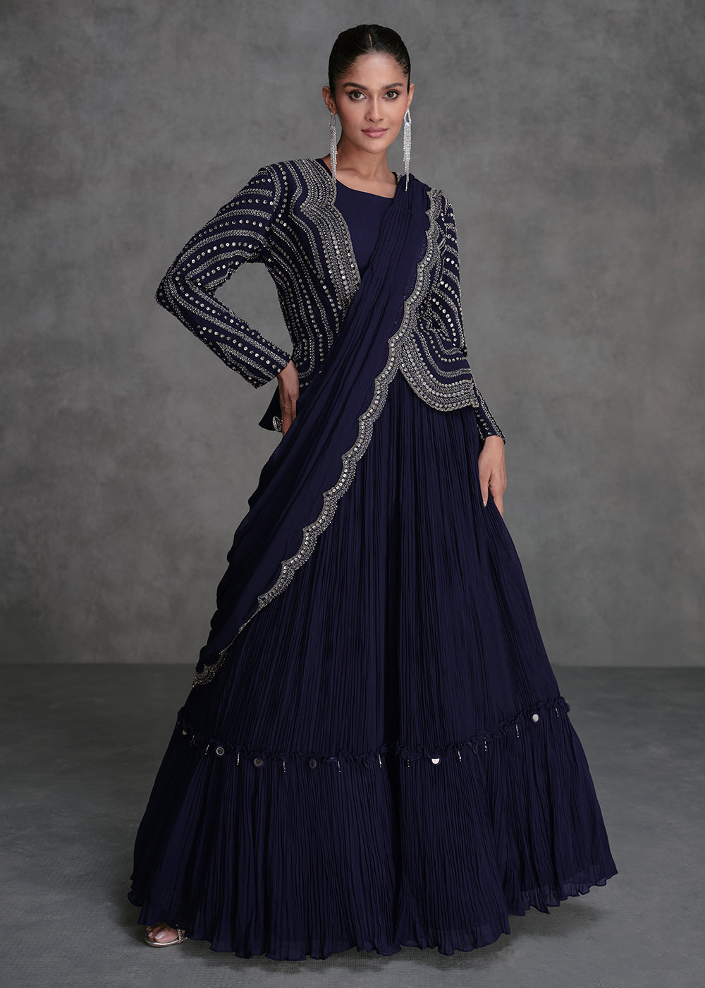 Lehenga Indo Western Dress Designs For Ladies Navy Blue Crop Top Style Designer Indo Western Lehenga Lehenga Indo Western Dress Designs For Ladies Navy Blue Crop Top Style Designer Indo Western Lehenga