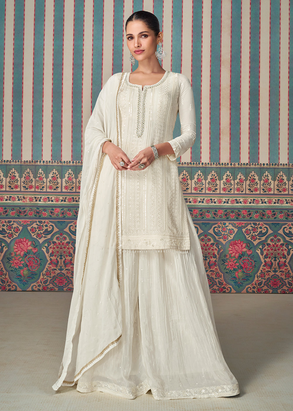 White Premium Embroidered Designer Sharara Suit