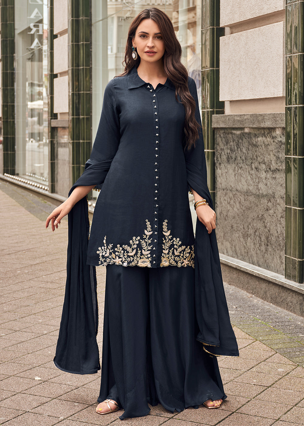 Festive Style Sharara in US Black Viscose Jacquard Silk Sharara