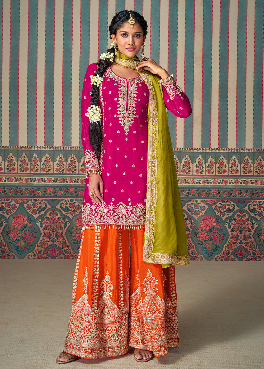 Purple Heavy Chinnon Embroidered Festive Palazzo Suit