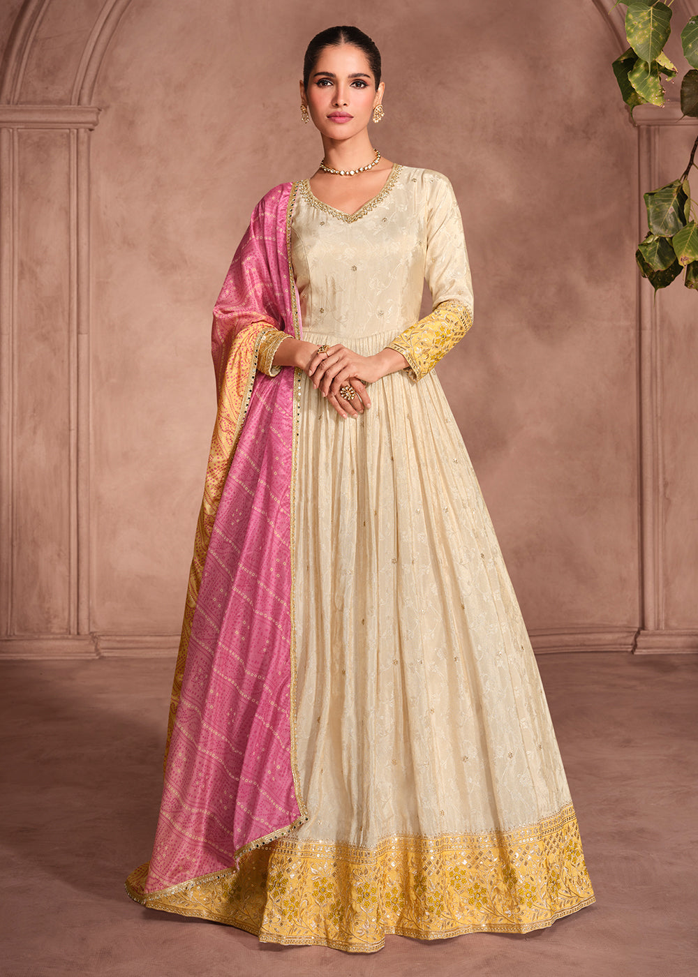 Buy Beige & Yellow Embroidered Anarkali Gown with Bandhani Dupatta –  Empress Clothing
