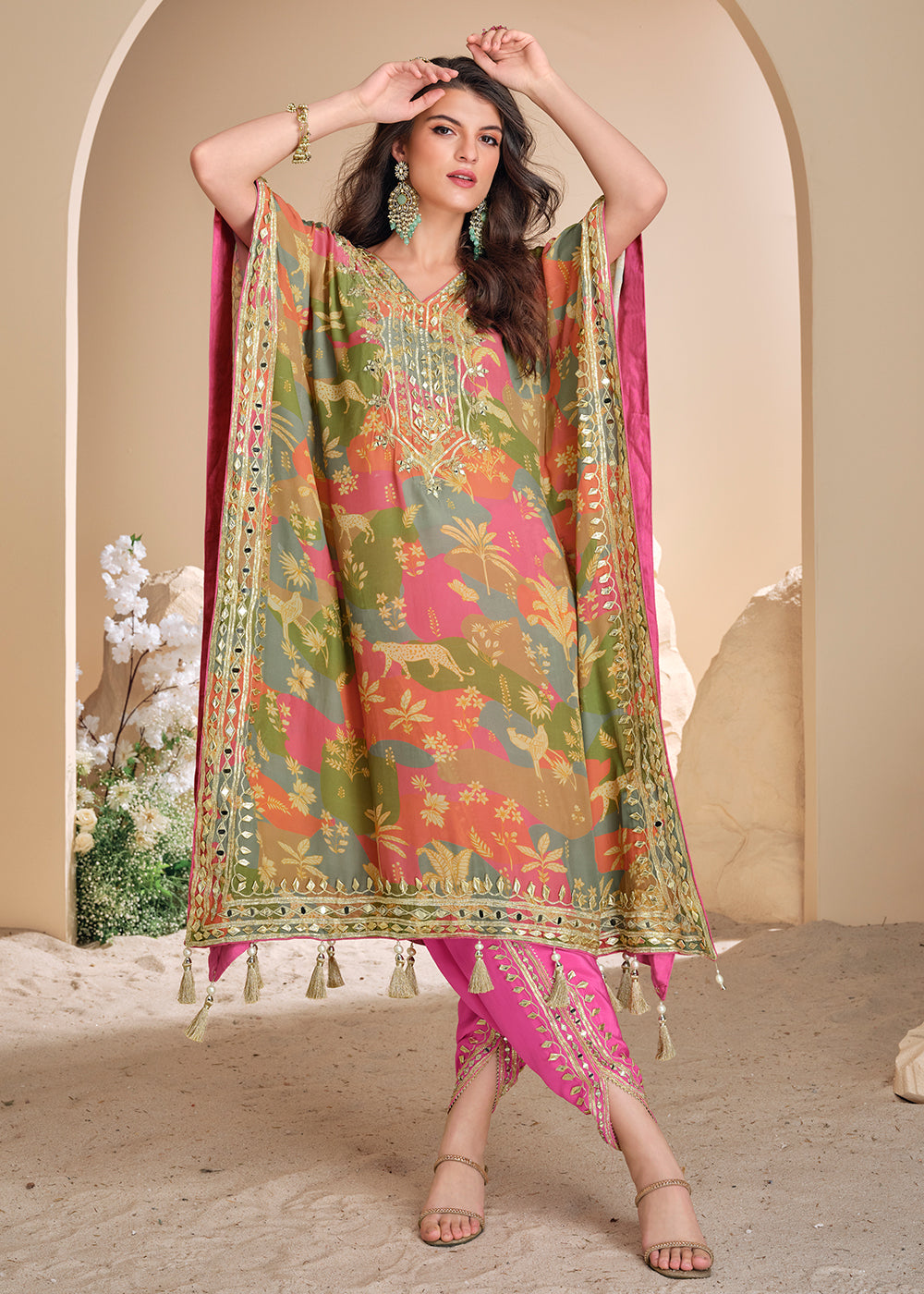 Multicolor Dhoti Style Hand Embellished Kaftan Style Dress