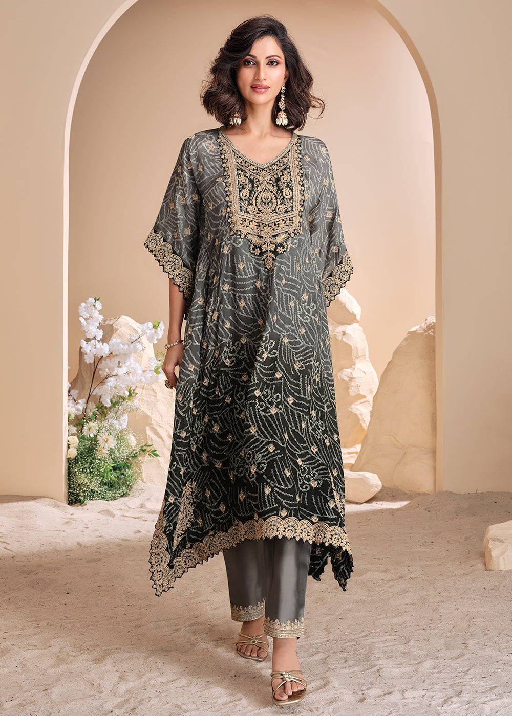 Kaftan Style Dress Black Grey Pant Style Hand Embellished