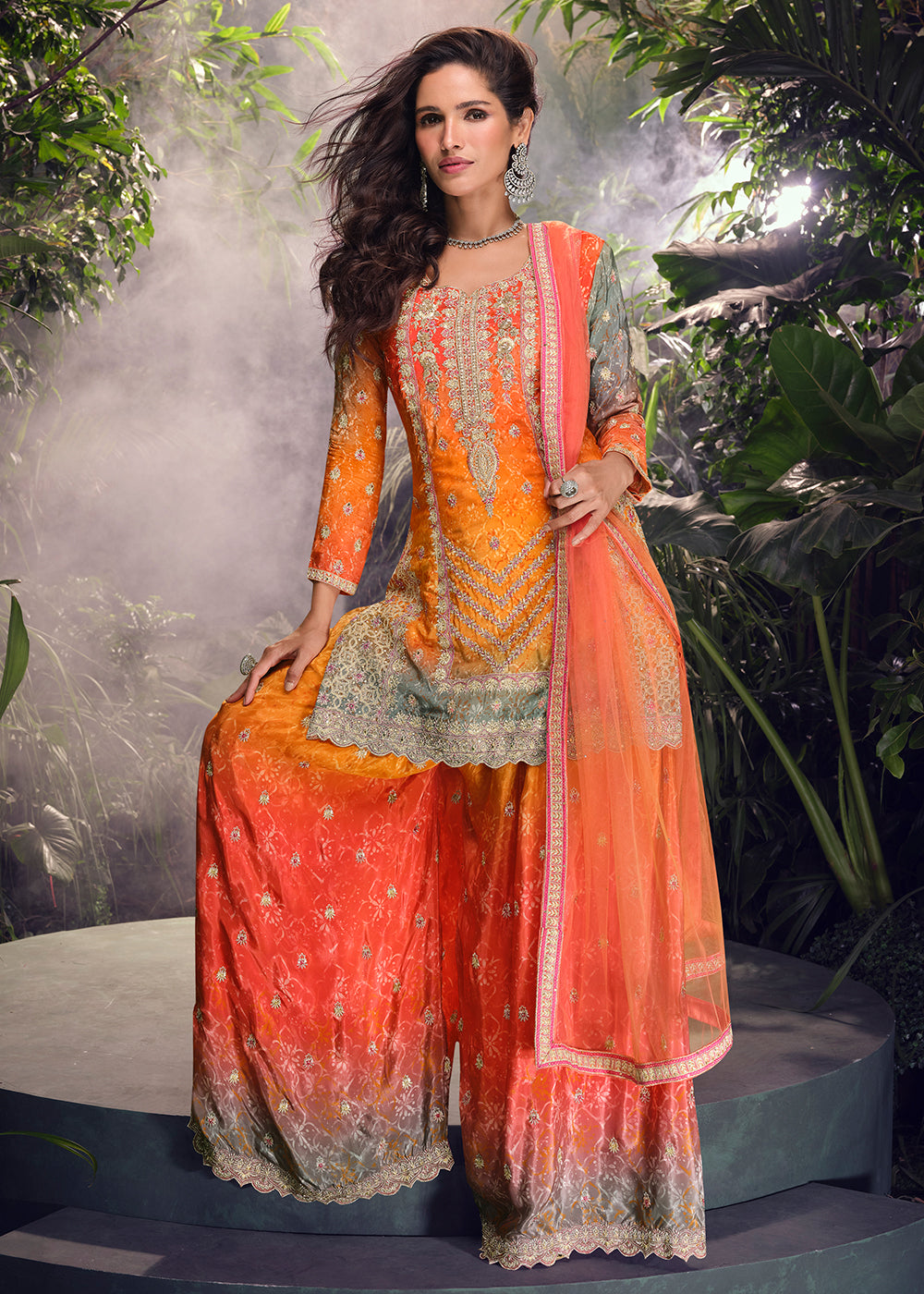 orange sharara dress Orange Floral Embroidered Crepe Sharara Suit (KD1586-orange)