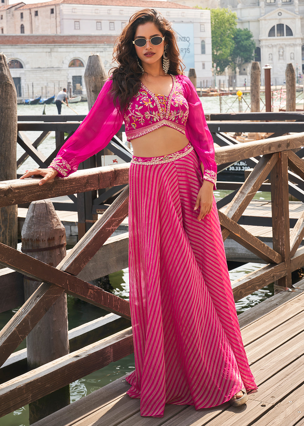 Buy Indo Western Sharara Suit Party Pink Crop Top Style Sharara
