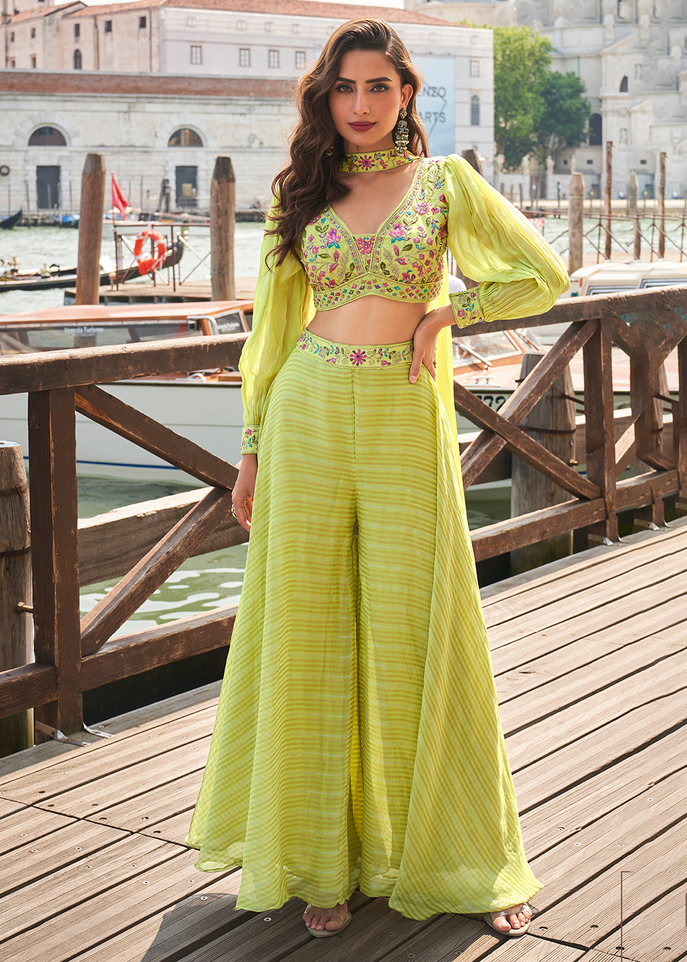 Party Green Crop Top Style Indo Western Sharara Suit Party Green Crop Top Style Indo Western Sharara Suit