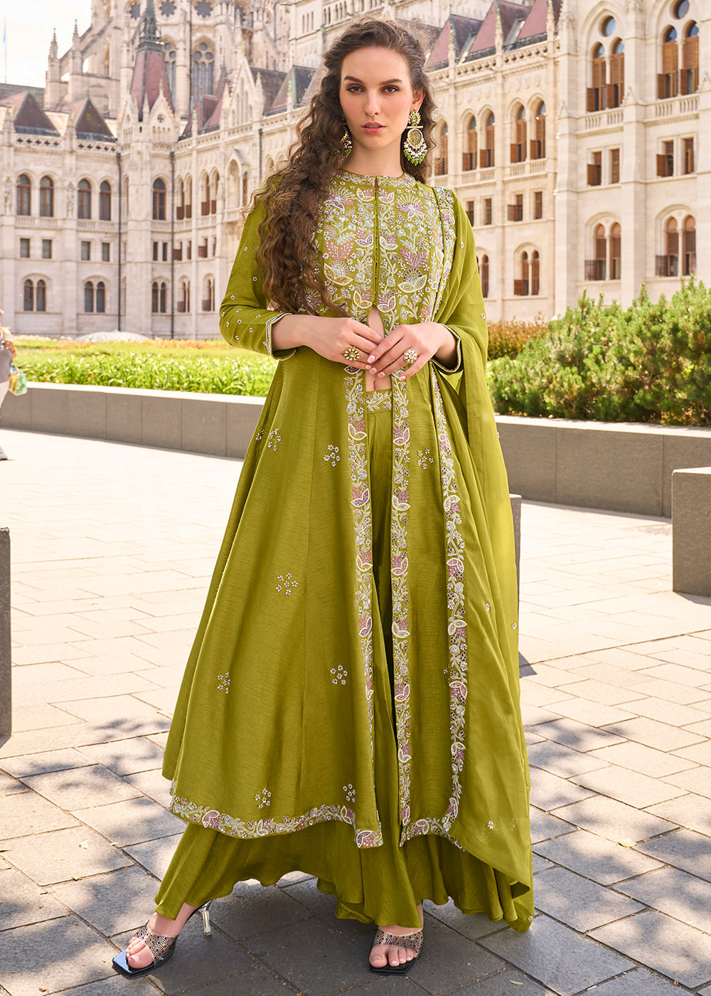 Pear Green Long Top Style Party Style Palazzo Suit