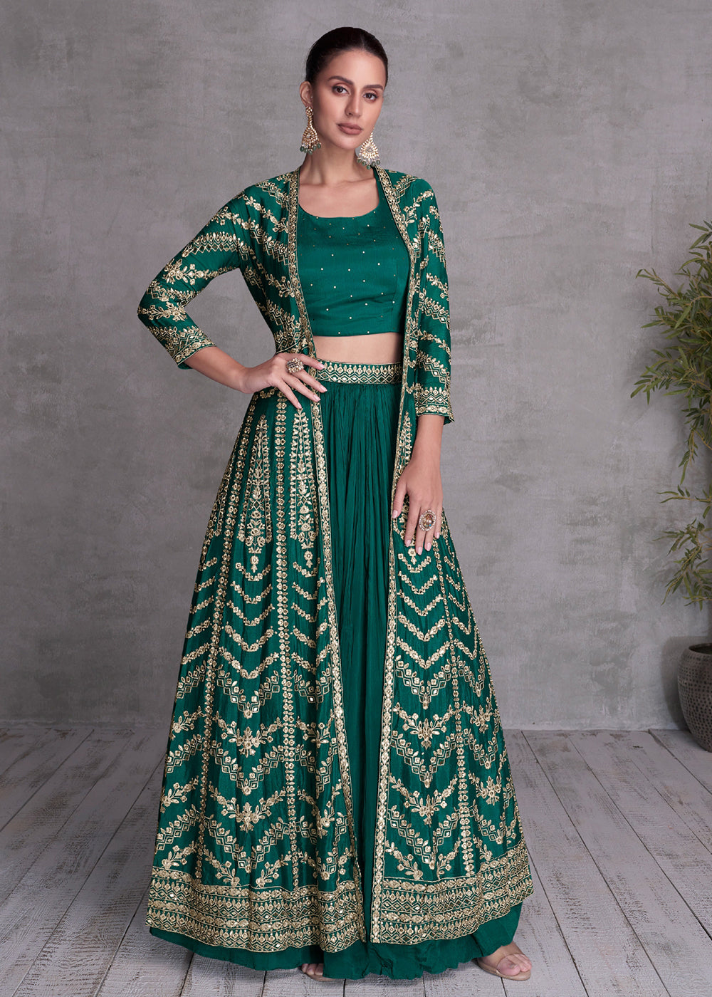 Pine Green Embroidered Jacket Style Indo Western Dress Pine Green Embroidered Jacket Style Indo Western Dress