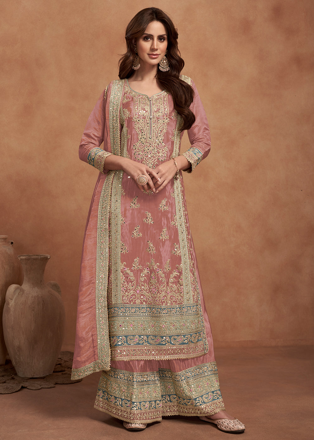 Teal Green Organza Simar Silk Embroidered Palazzo Style Suit
