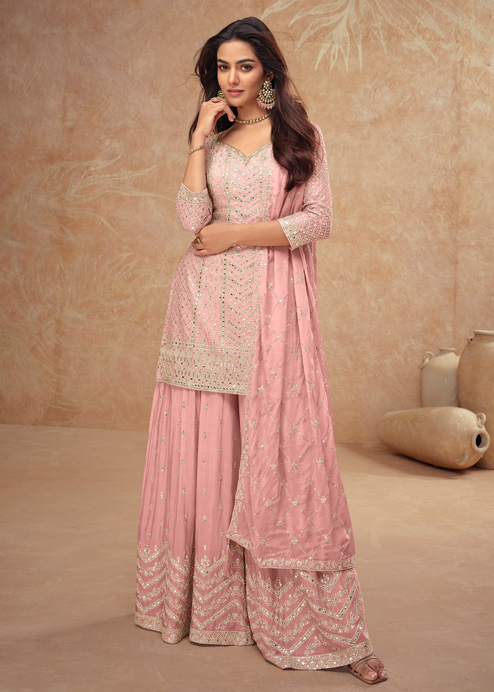 Buy Palazzo Dress for Wedding - Pastel Style Pink Embroidered Dress   Empress Clothing