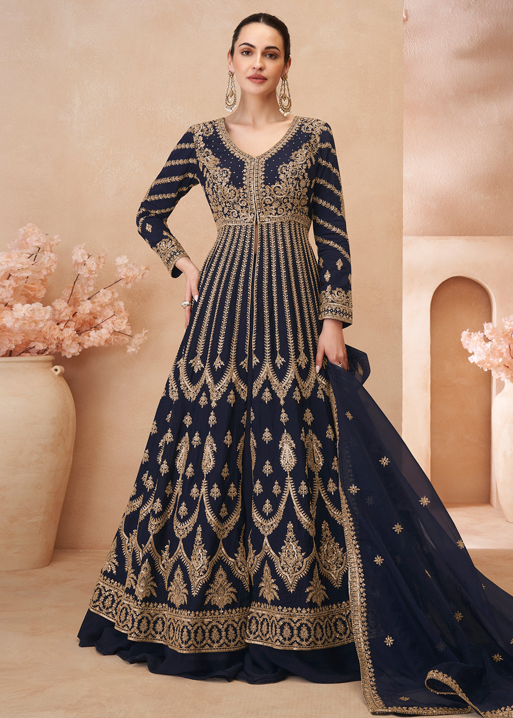 blue and gold anarkali dress Embroidered Slitted Skirt Style Suit jennafergra