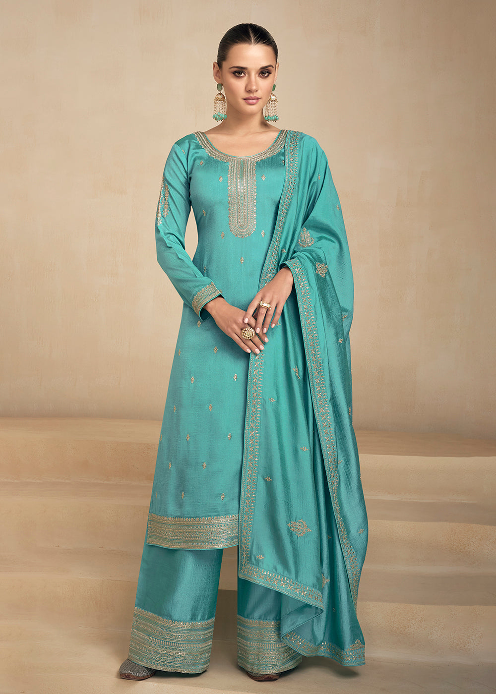 Straight Pant Salwar Suit Silk Pretty Blue Embroidered Salwar Suit