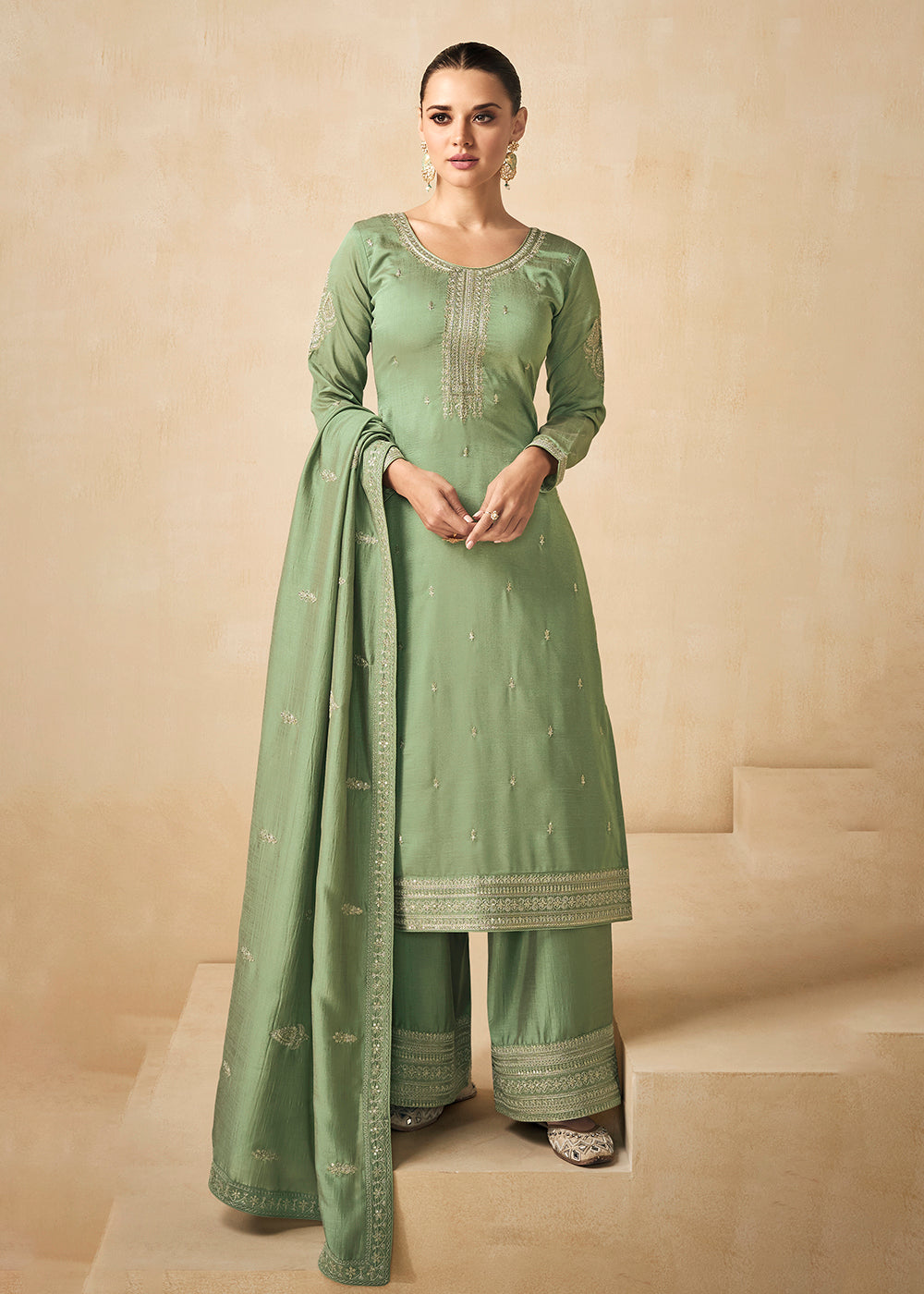 Straight Pant Salwar Suit Silk Pretty Green Embroidered Salwar Suit