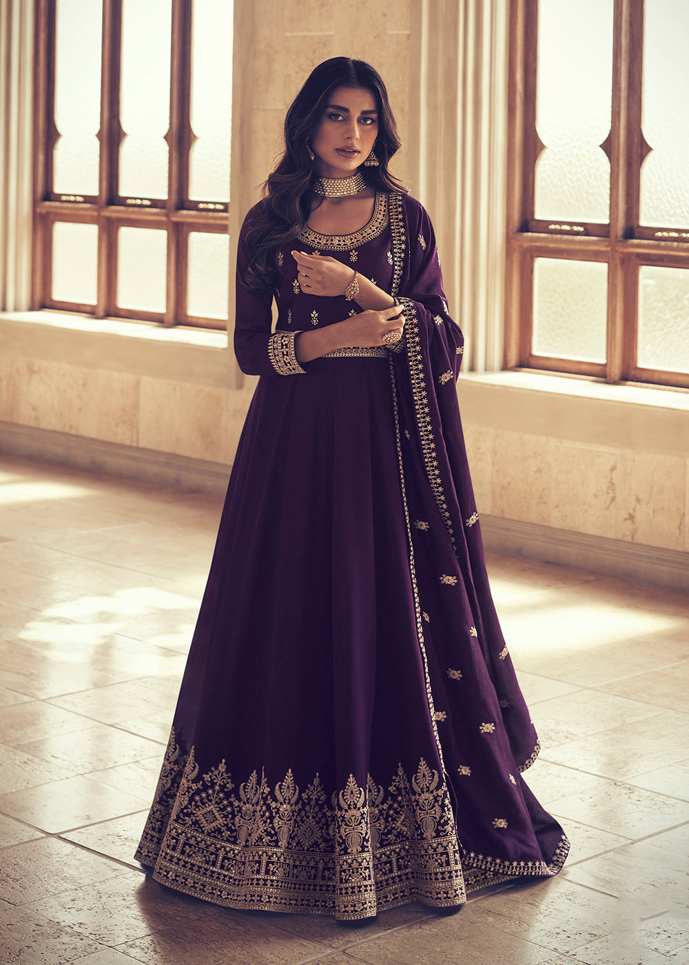 Buy Floor Length Anarkali - Designer Deep Purple Silk Anarkali Suit Empress Clothing Buy Floor Length Anarkali - Designer Deep Purple Silk Anarkali Suit Empress Clothing