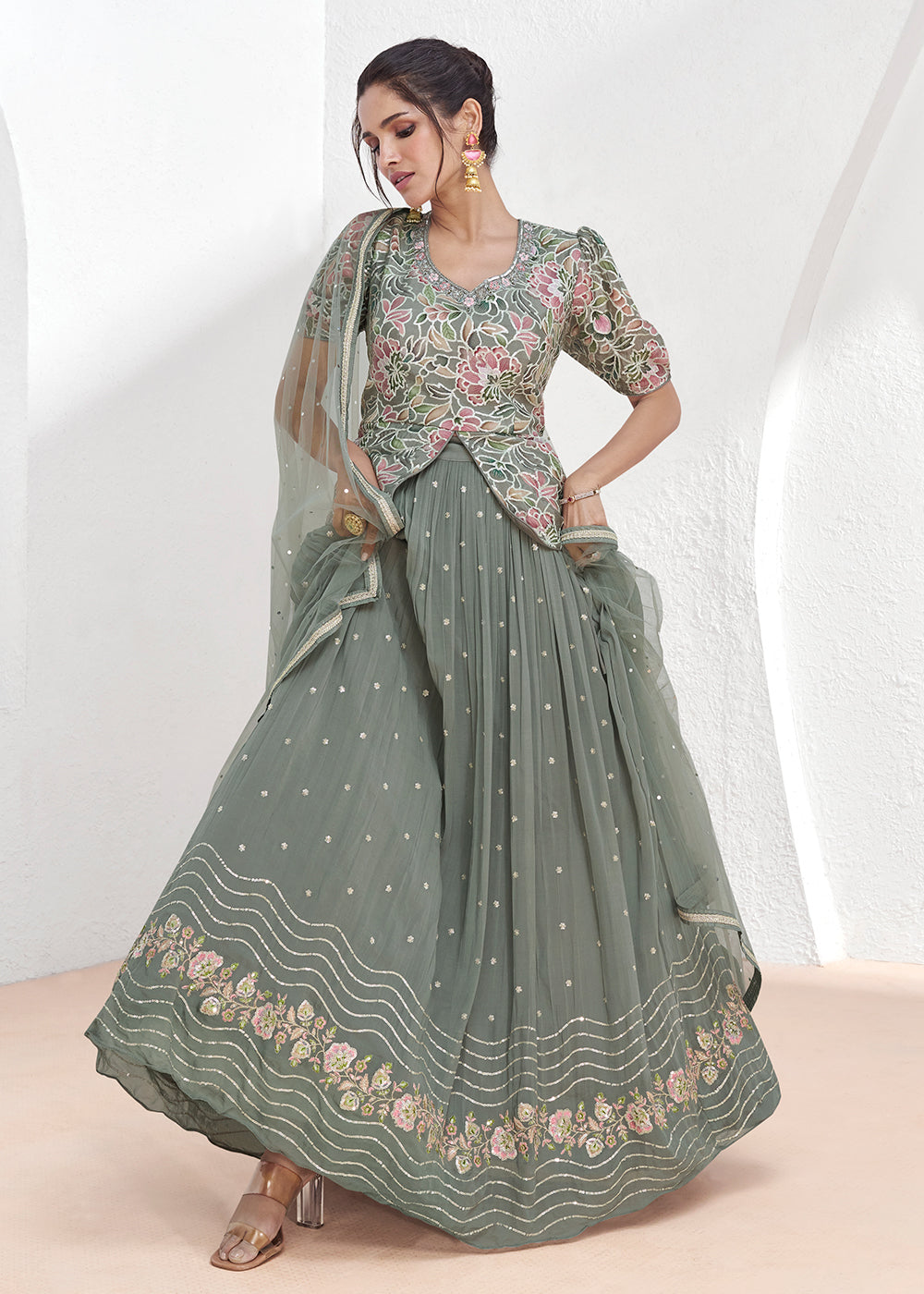Real Georgette Green Embroidered Kurti Style Lehenga Suit