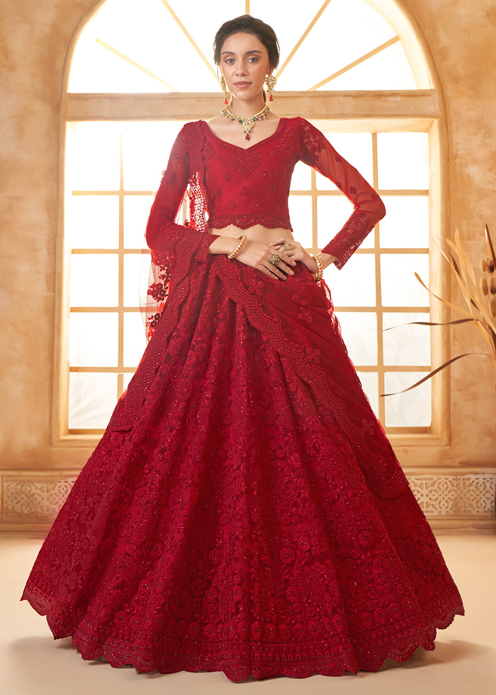 Bridal Lehenga USA Adorable Red Heavy Net Embroidered Lehenga