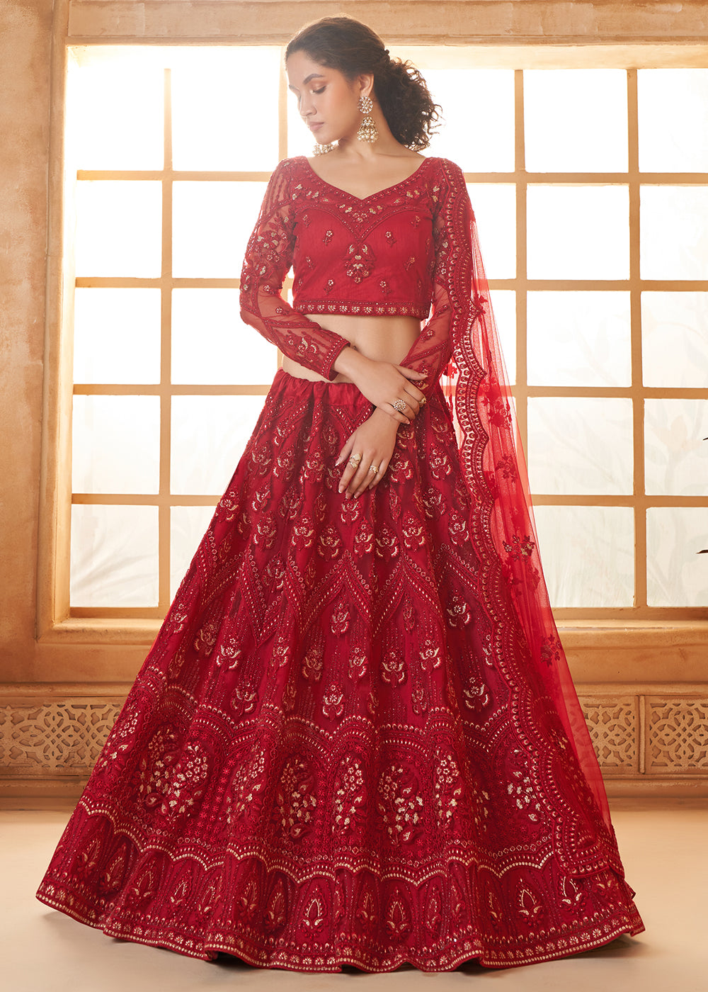 Bridal Lehenga US Gorgeous Red Heavy Net Embroidered Lehenga