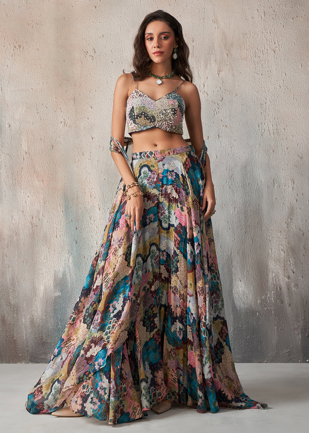 Buy Crop Top Style Lehenga in US Designer Printed Blue Lehenga