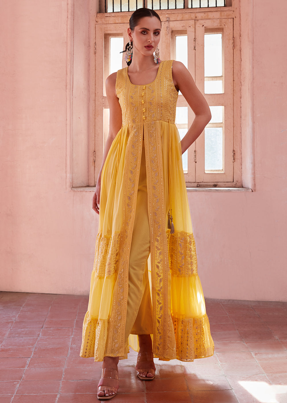 Buy Party Wear Dresses Yellow Front Slit Style Pant Style Suit