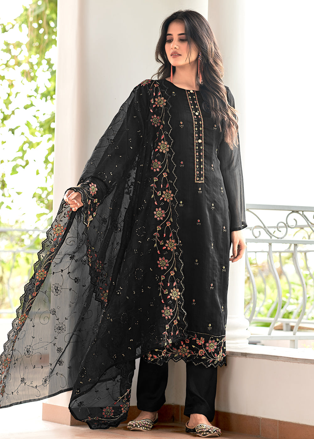 Organza Online Readymade Salwar Suit Sets Black Embroidered