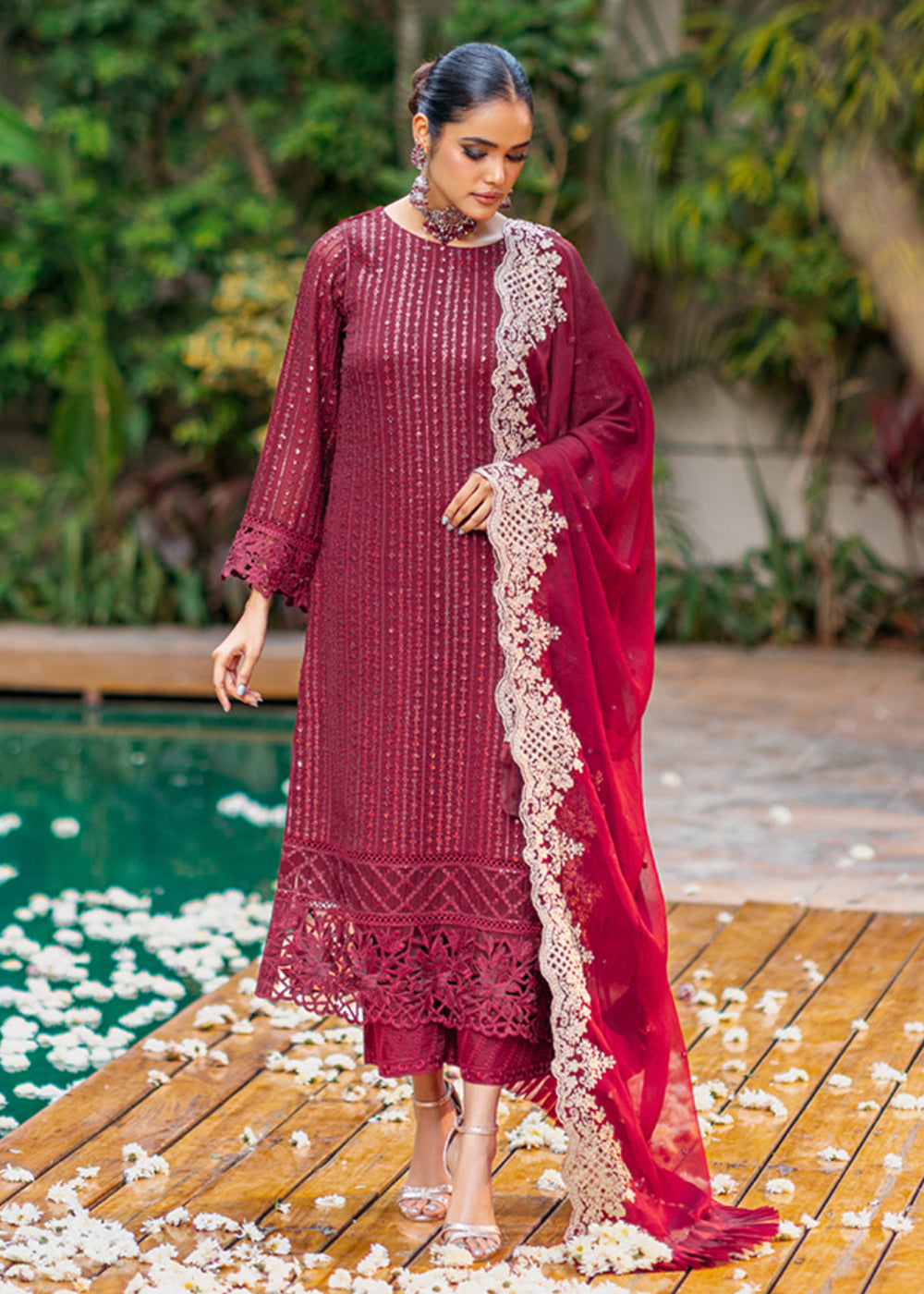 Buy Redefined Maroon Net Partywear Embroidered Sharara Suit 