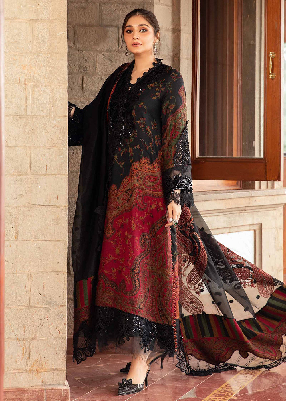 Winter Luxe 2024 by Maria B | DL-1204 Black & Maroon Winter Luxe 2024 by Maria B | DL-1204 Black & Maroon