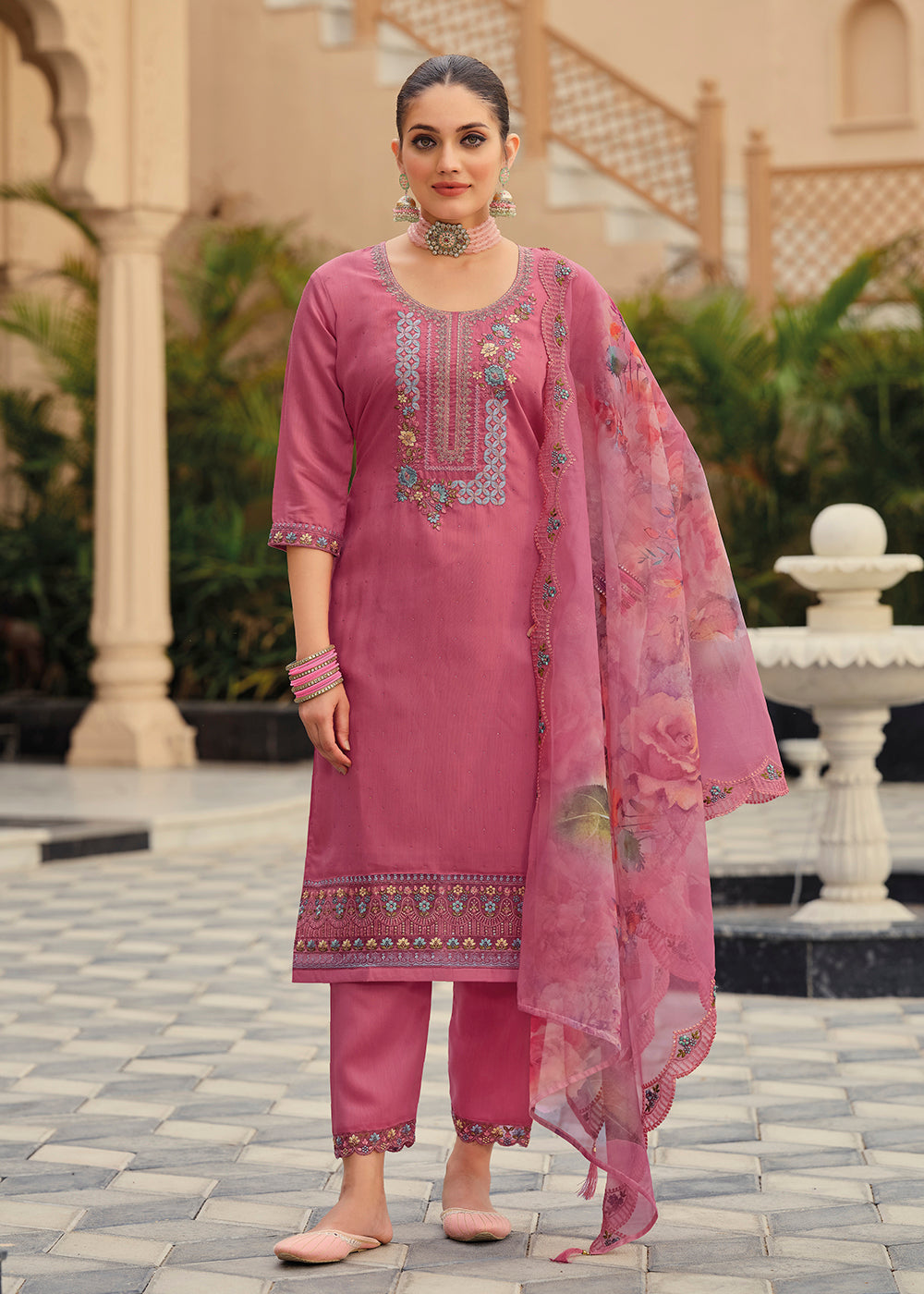 Buy Pant Style Salwar Suit Pink Color Embroidered Silk Suit