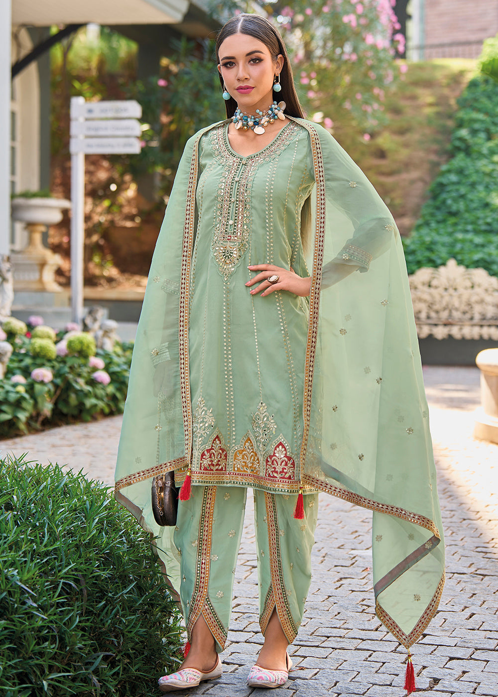 Buy Punjabi Style Suit Green Dhoti Style Embroidered Organza