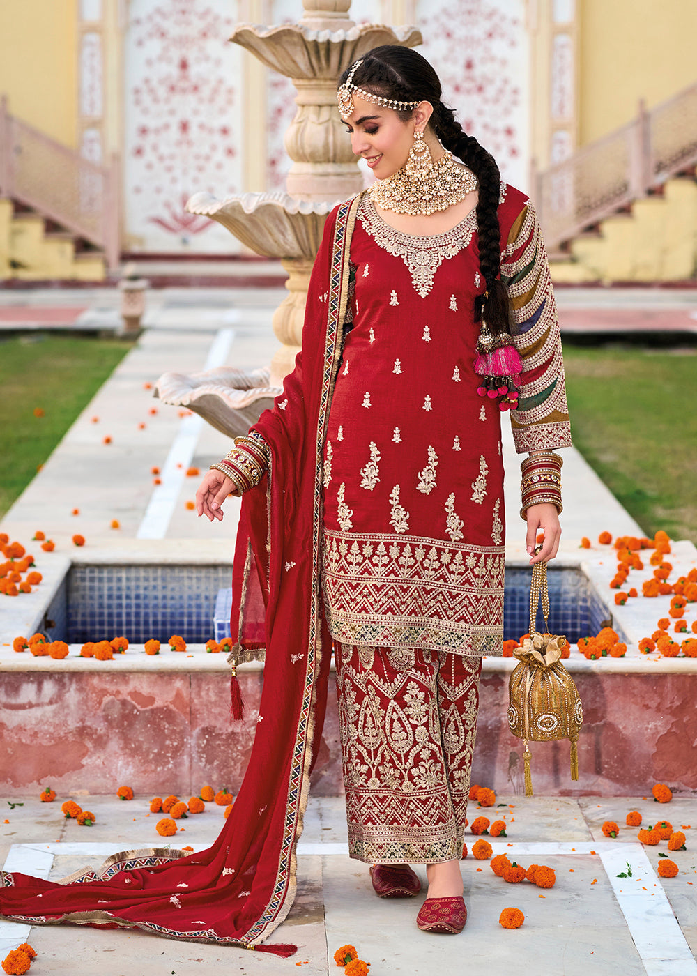 Diwali Wear Red Premium Silk Embroidered Festive Ready Palazzo