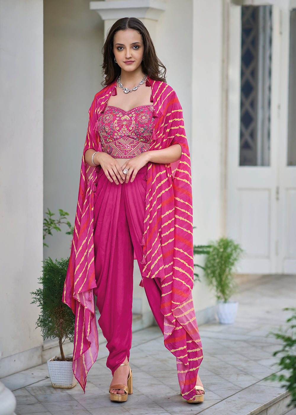 Pink Satin Silk Embroidered Dhoti Style Crop Top Suit