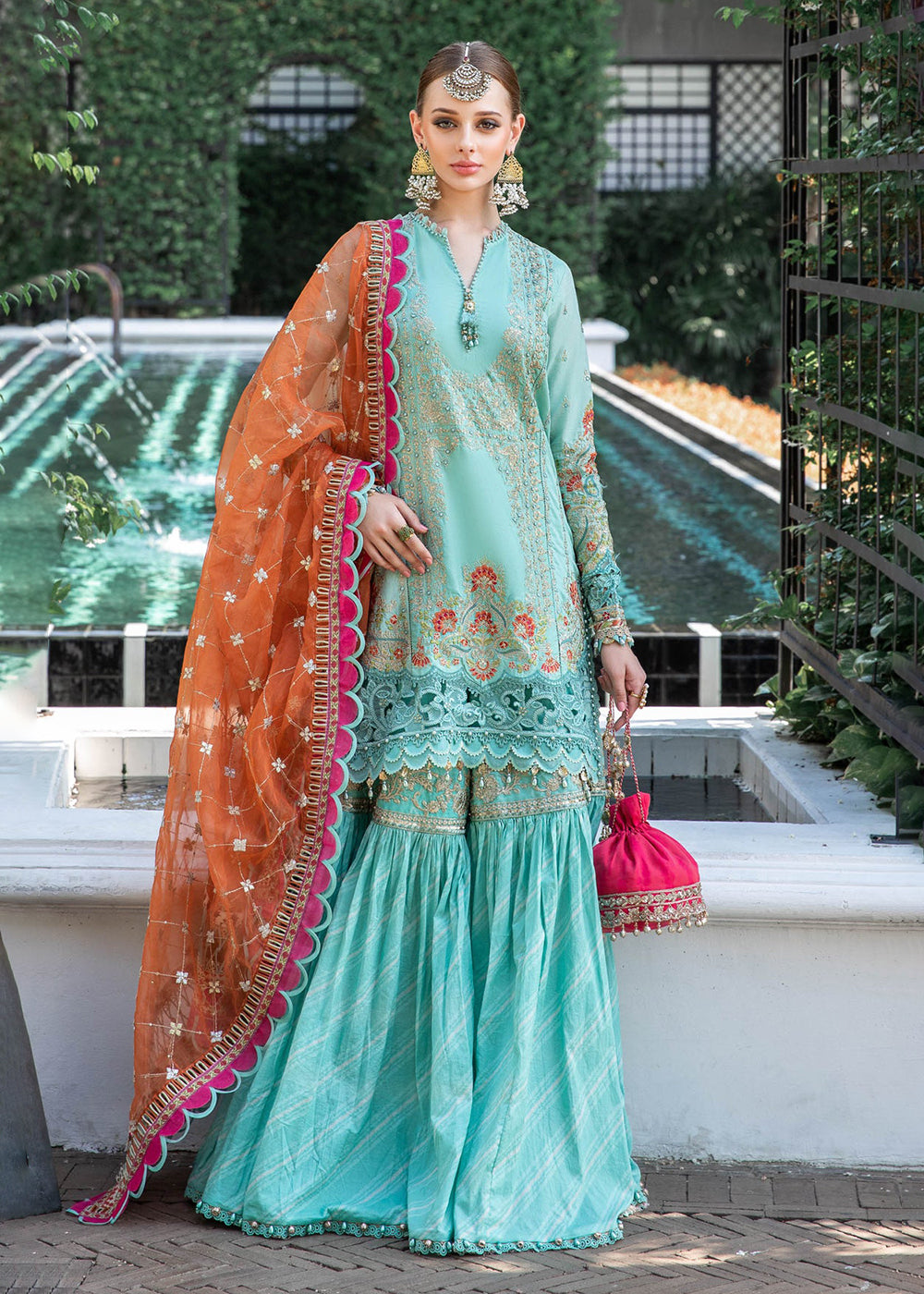 Sea Green Gharara Suit Maria B Lawn Eid Collection 2023 EL-23