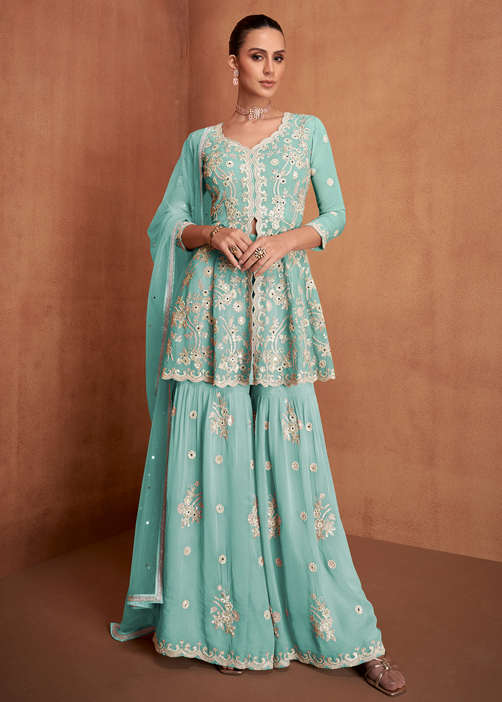 mint green eid dress Mint Blue Georgette Embroidery Eid Wear Gharara Suit