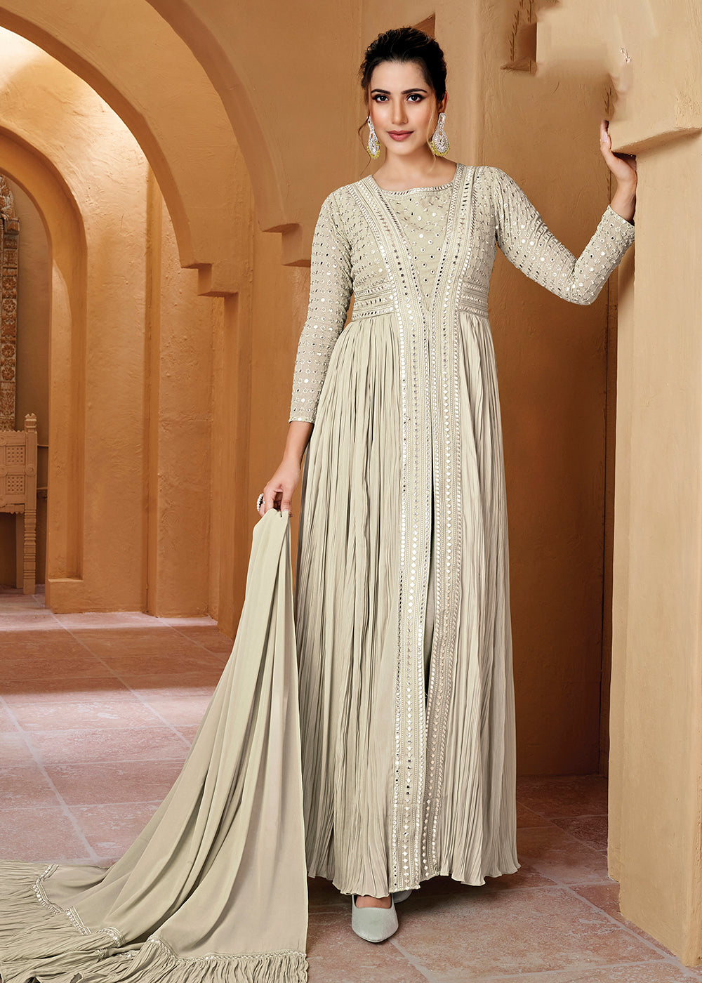 Buy Off White Crushed Georgette Mirror Lucknowi Work Anarkali Dress Empress Clothing Buy Off White Crushed Georgette Mirror Lucknowi Work Anarkali Dress Empress Clothing