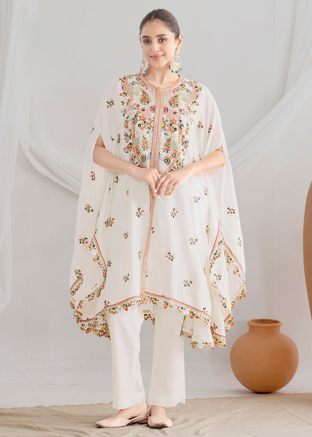 white embroidered kaftan dress Kaftan Dress - Resort & Formal Wear - 2-Piece White Geometric Embroidery Belted - Sheer Chiffon - US 10 main image 0