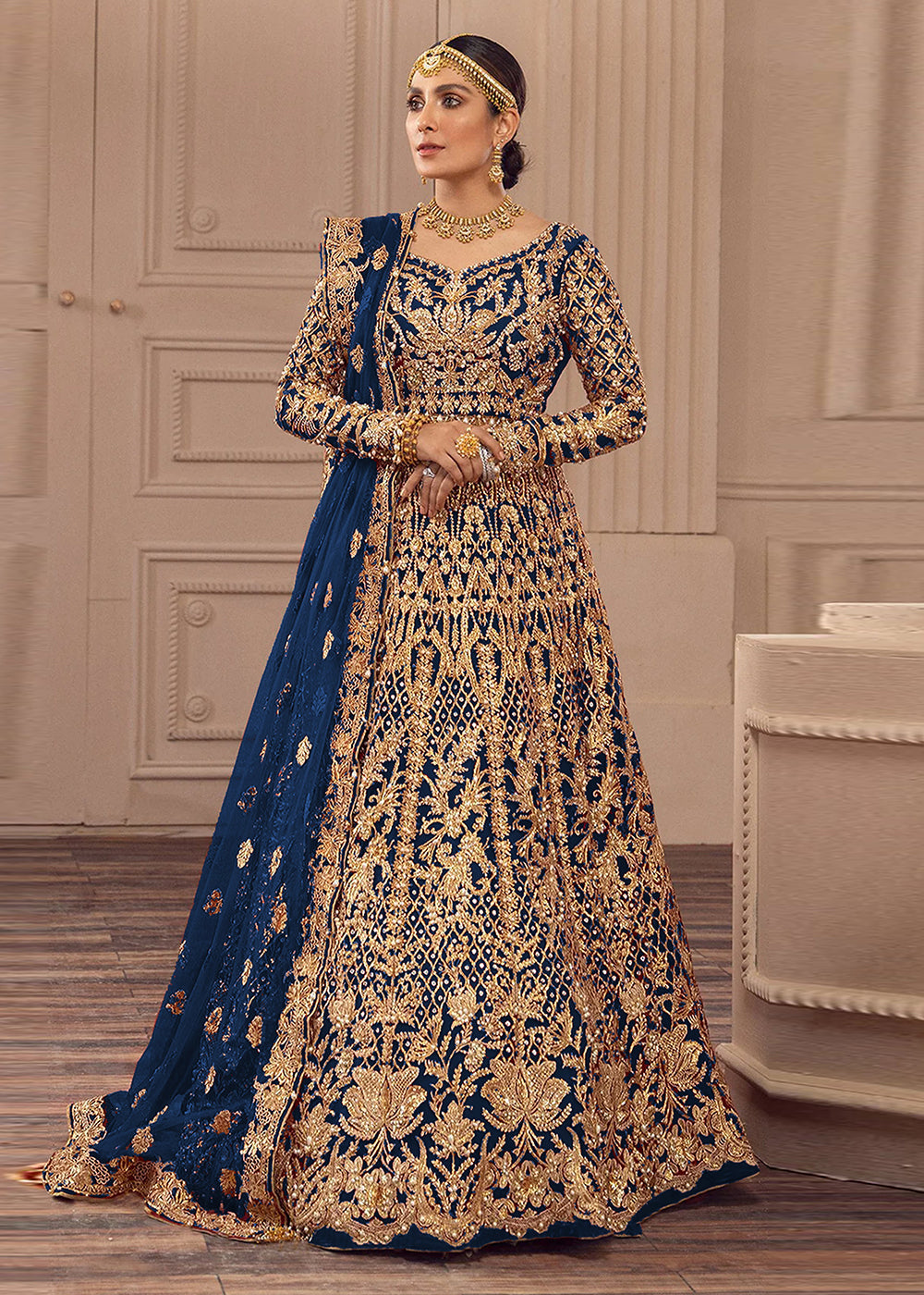 Buy Bridal Anarkali Gown USA Blue Net Heavy Work Embroidered