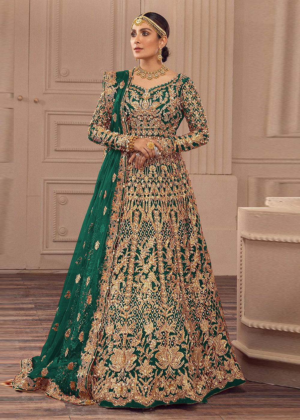 Heavy Bridal Anarkali Buy Bridal Anarkali Gown USA Green Net Heavy