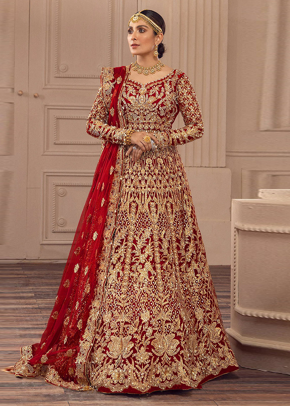 Buy Bridal Anarkali Gown US Maroon Net Heavy Work Embroidered
