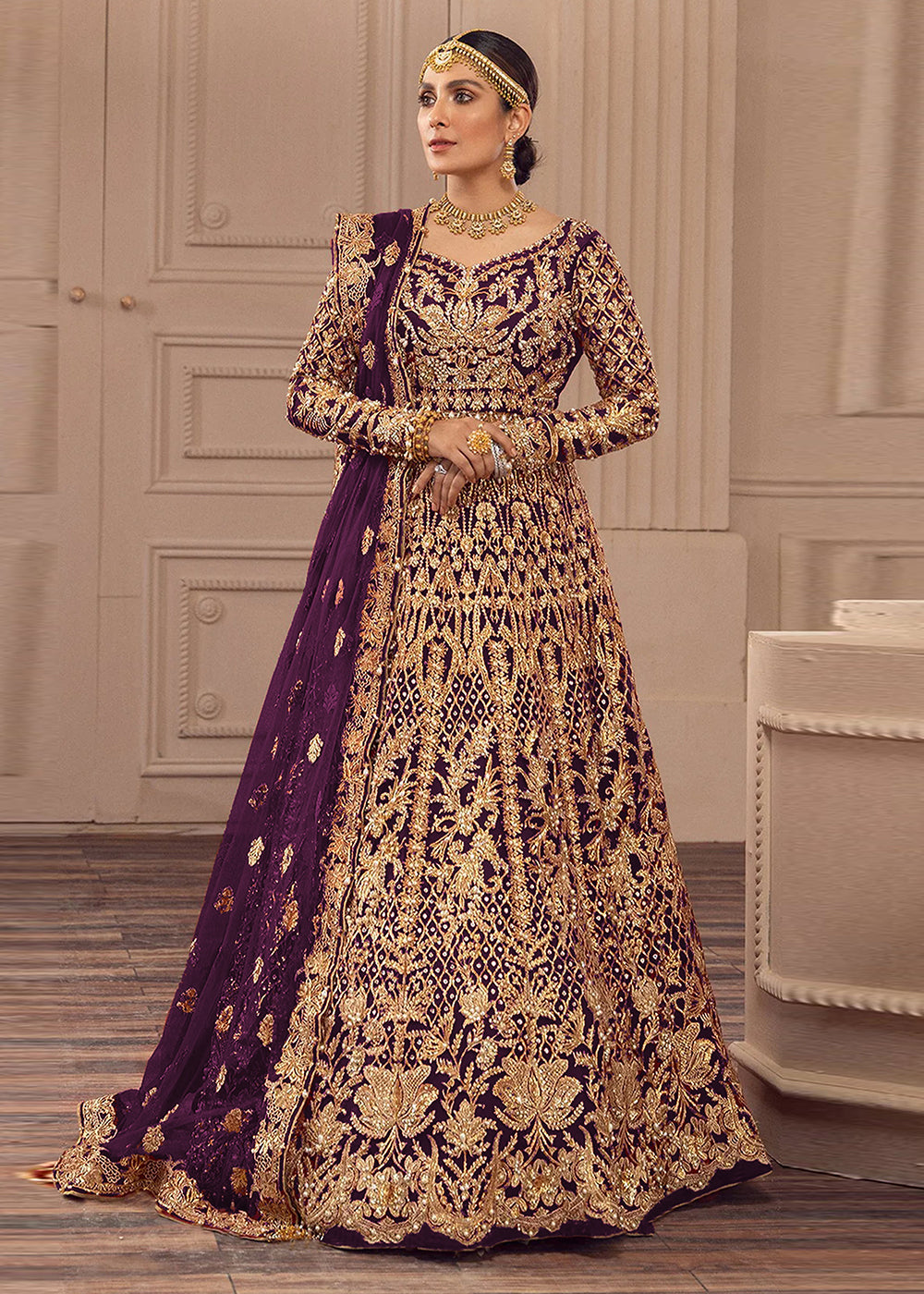 Buy Bridal Anarkali Gown US - Purple Net Heavy Work & Embroidered Gown Buy Bridal Anarkali Gown US - Purple Net Heavy Work & Embroidered Gown