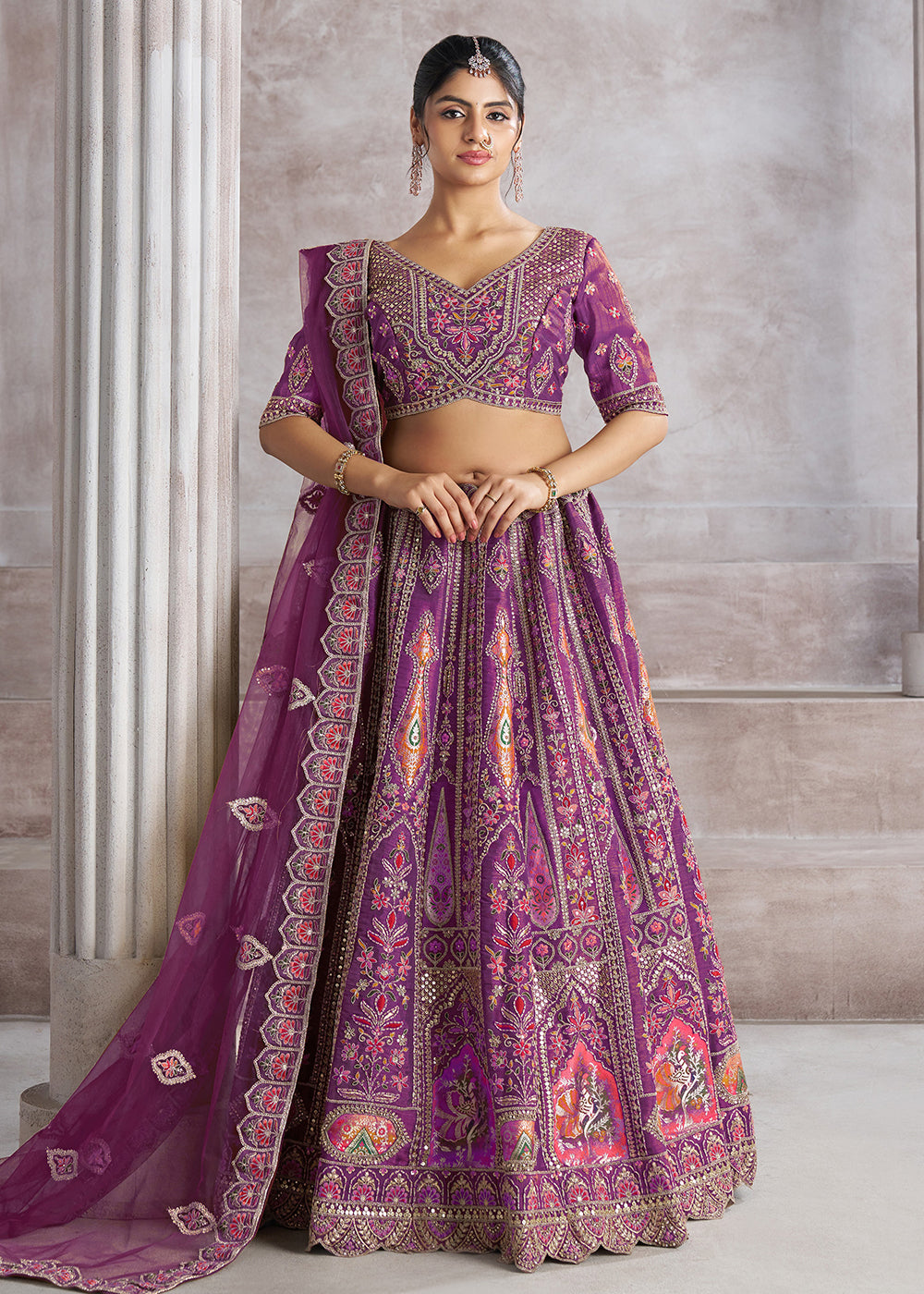 Bridal Lehengas Banarasi Silk Purple Aari Embroidered Lehenga