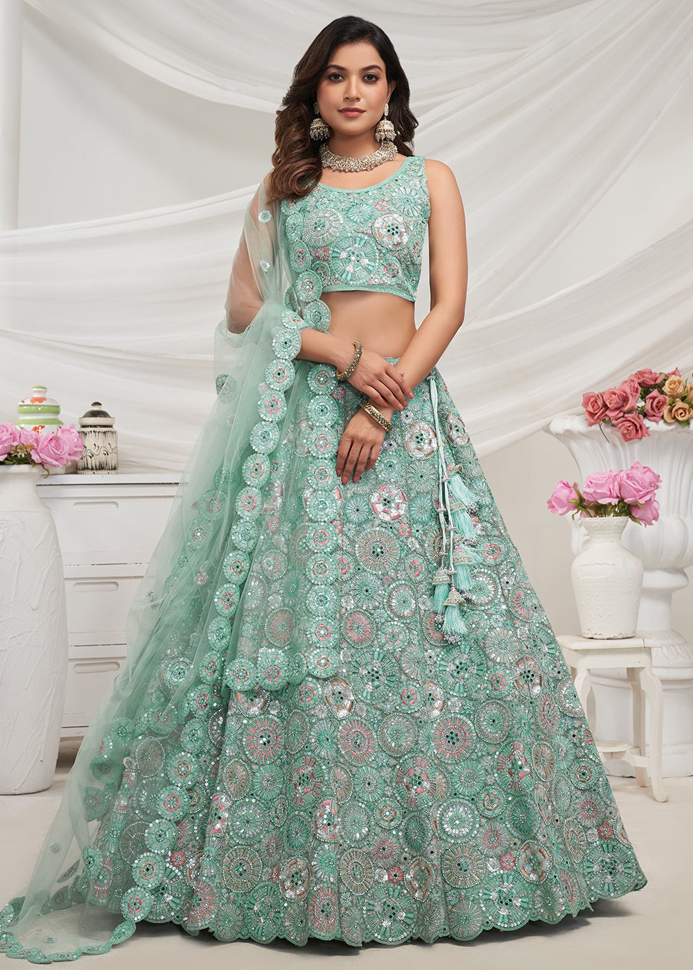 Sky Designer Georgette Wedding Wear Bridesmaid Lehenga Choli For popular Women