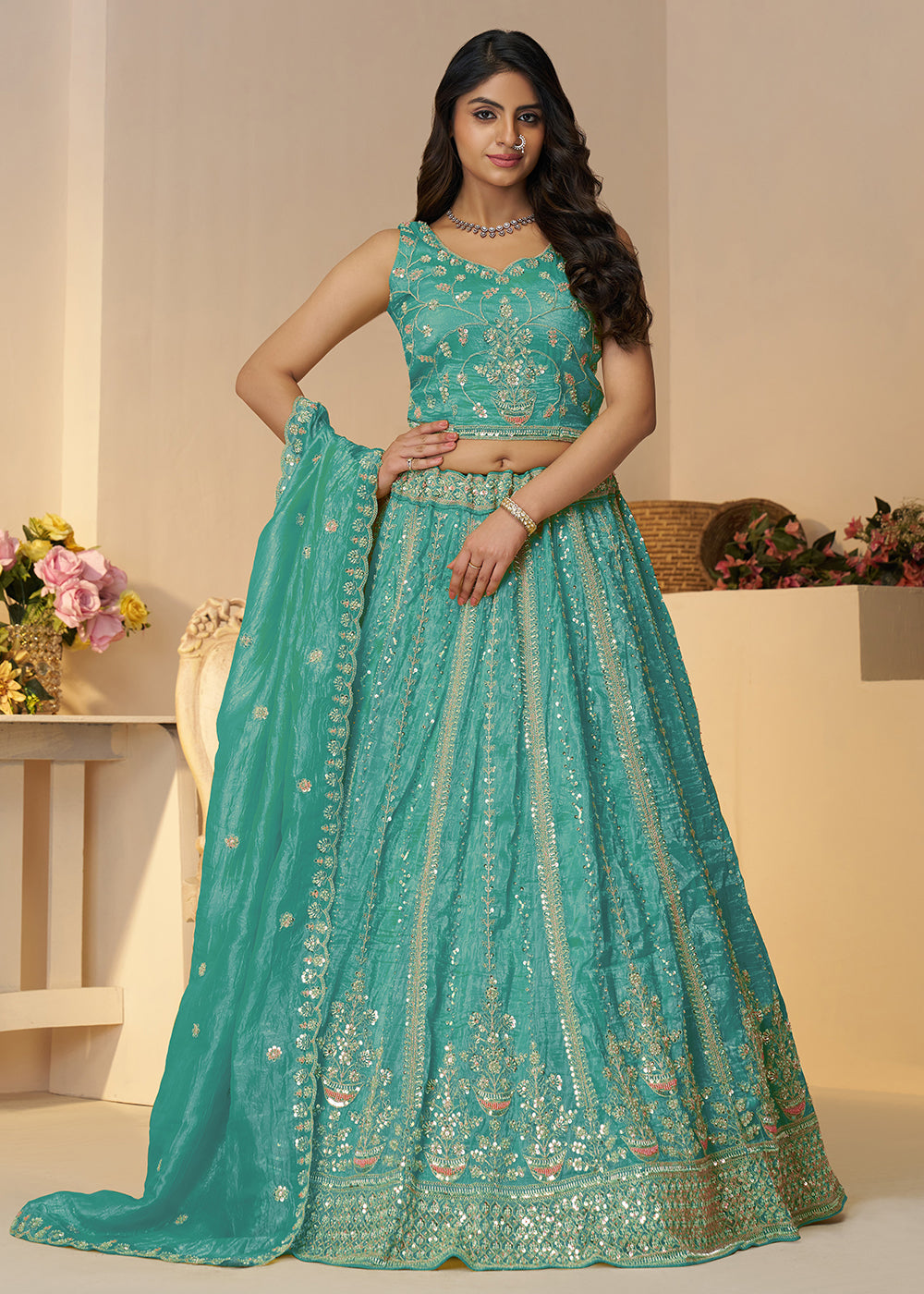 Buy Wedding Festive Lehenga - Blue Jimmy Choo Material Lehenga Choli   Empress Clothing