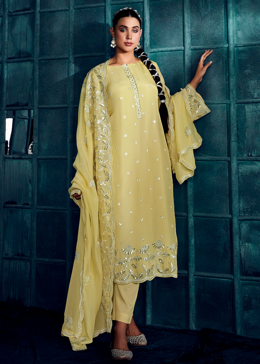 Eid Salwar Suit Pastel Yellow Modale Silk Embroidered Salwar