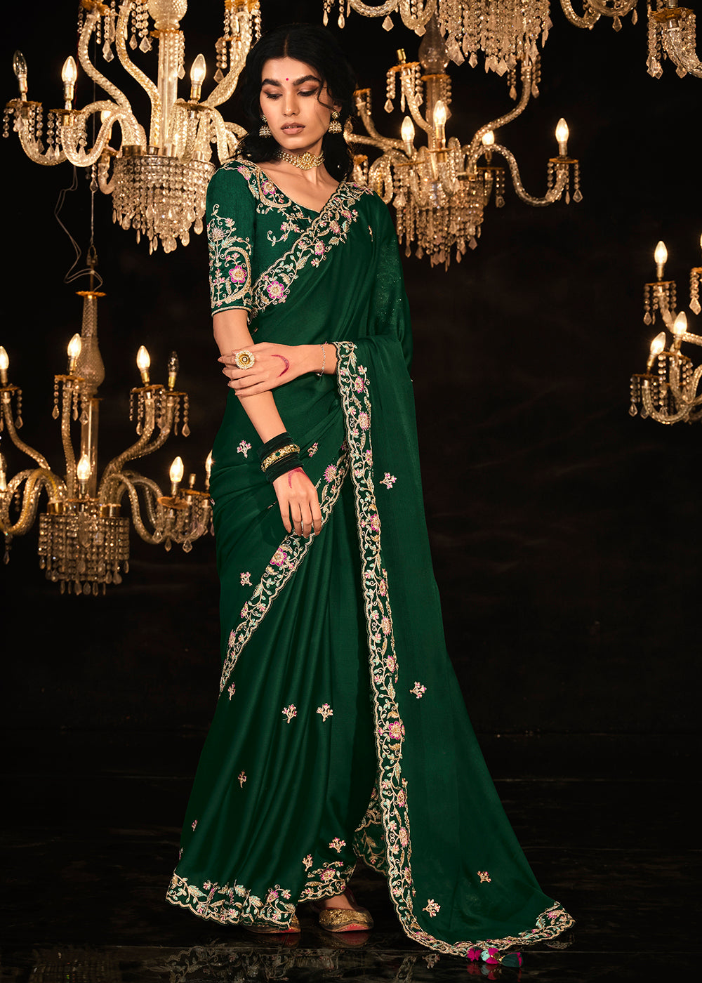 Buy Designer Wedding Wear Saree Fancy Bottle Green Embroidered