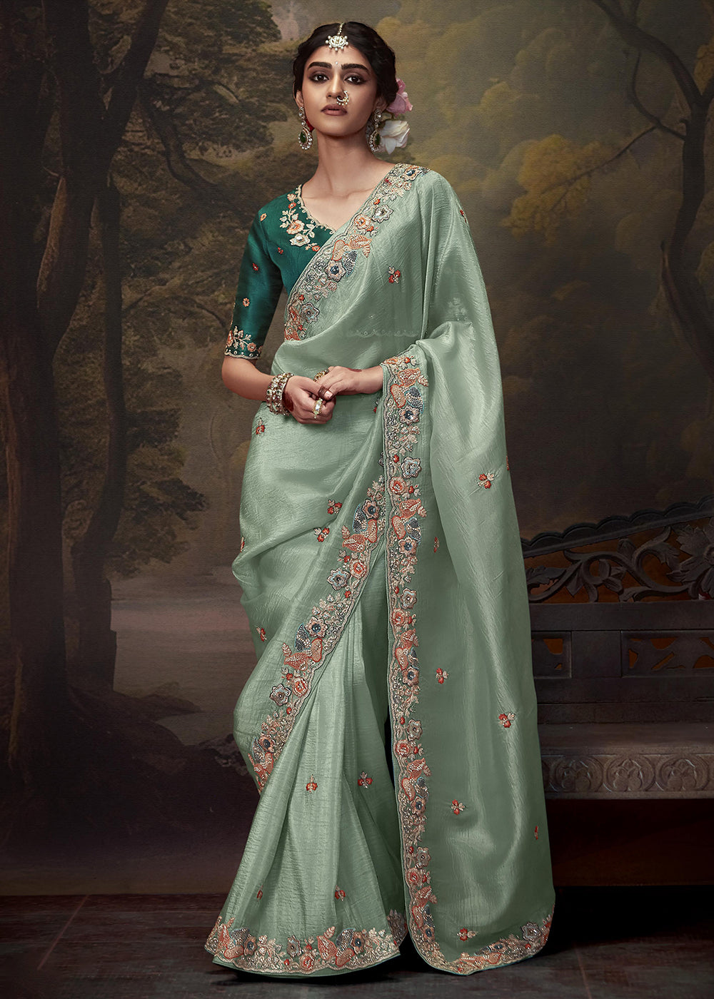 Buy Festive Saree in Italy Mint Teal Fancy Fabric Embroidered