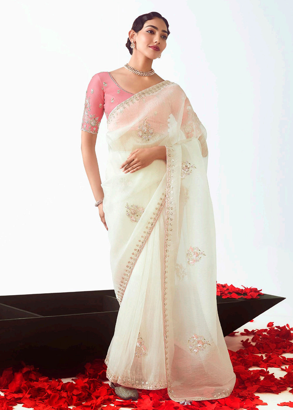 Buy Designer Saree Off White Pink Fancy Fabric Embroidered
