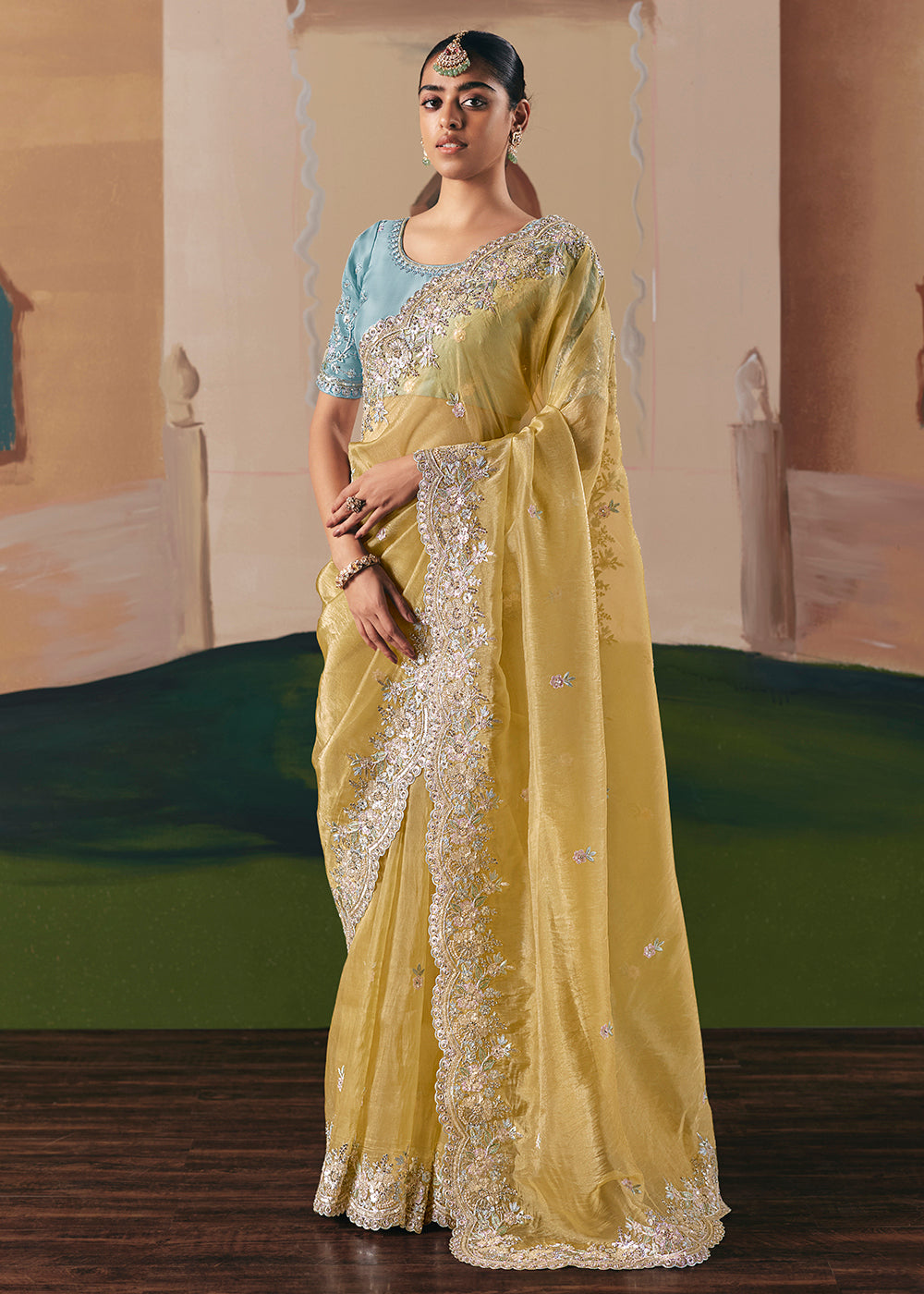 Buy Festive Designer Saree Greece Adorable Yellow Fancy Fabric