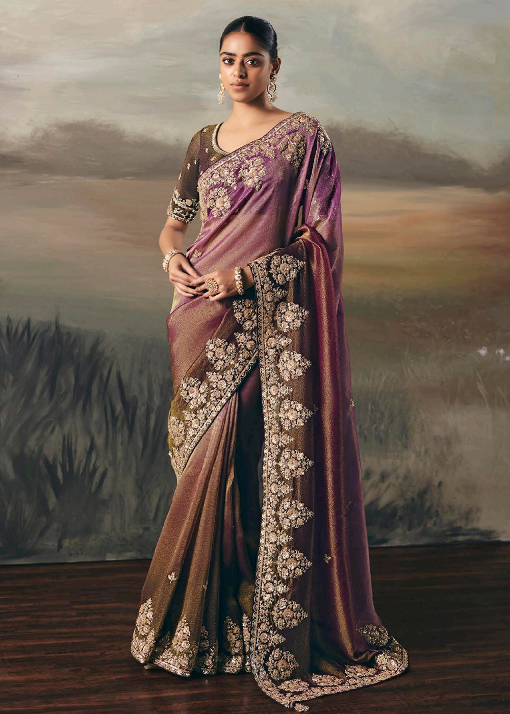Buy Designer Saree in USA Purple Premium Tissue Zari Fabric