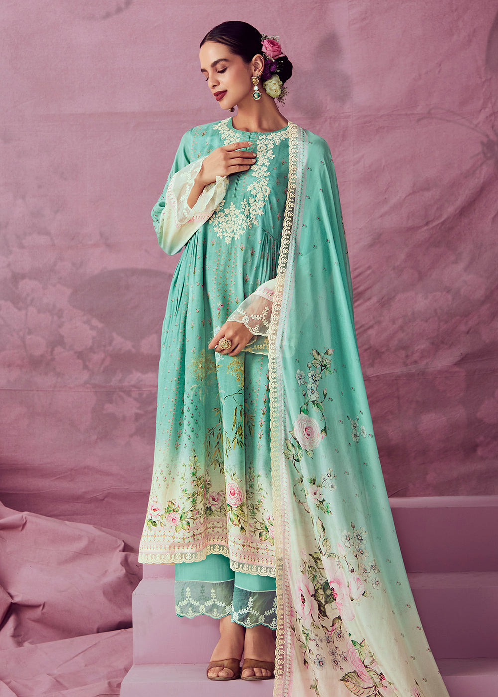 Buy Aqua Green Muslin Cotton Printed Trendy Salwar Kurta Set - Empress   Empress Clothing