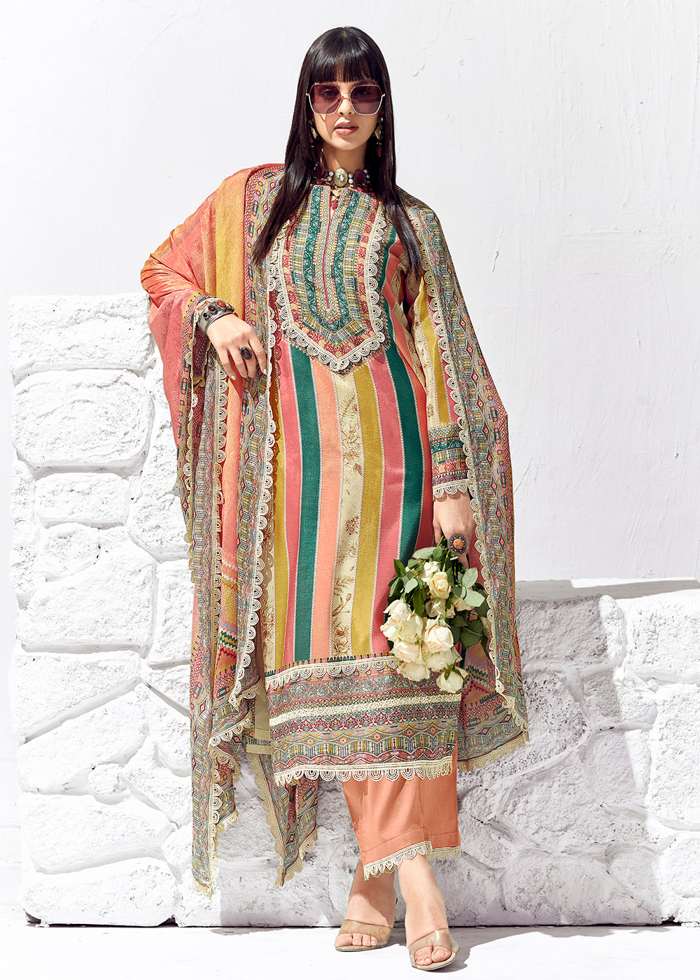 Buy Peach Multicolor Cotton Lawn Digital Printed Salwar Suit USA