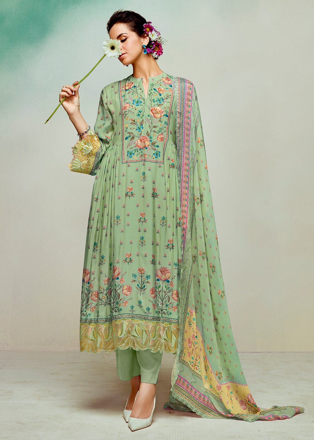 Buy Digital Printed Salwar Suit France - Green Pure Muslin Salwar Suit   Empress Clothing